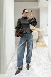 Gipeli Volanlı Ekose Desen Kahve Rengi Bluz SY-3553-Kahverengi