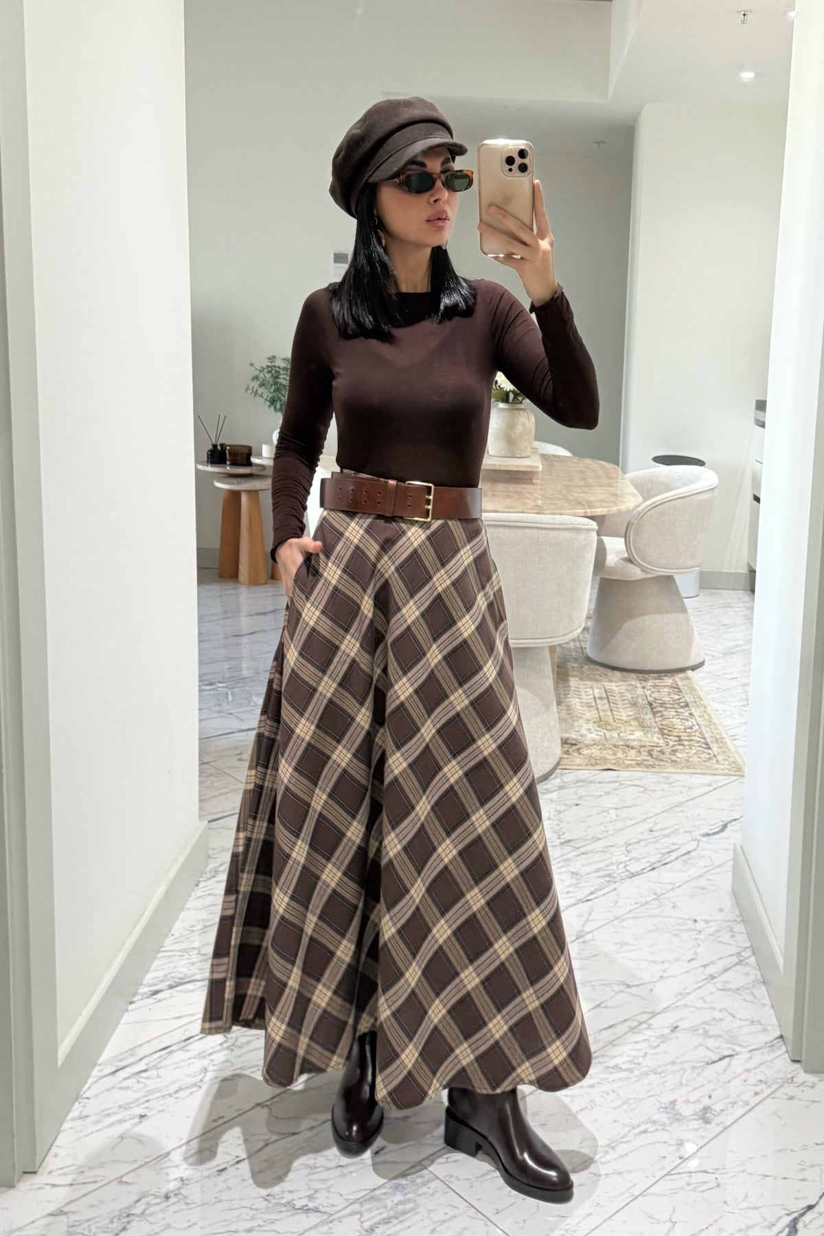 Kahve-Bej Ekose Desenki Kloş Etek SY-3527-Kahverengi