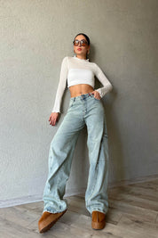 Yeşil Eskitme Süper Wide Leg Cep Detaylı Jean SY-1652-Yeşil