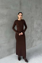 Kahverengi Lyon Uzun Kollu Elbise SY-2757-Kahverengi