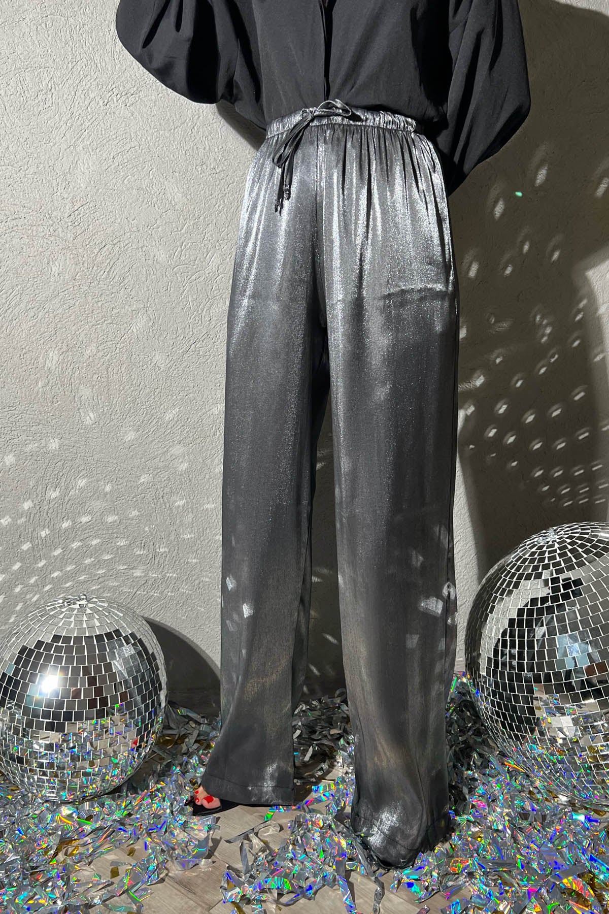 Gümüş Beli Lastikli Parlak Baskılı Bol Paça Pantolon SY-1359-Gümüş