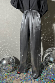 Gümüş Beli Lastikli Parlak Baskılı Bol Paça Pantolon SY-1359-Gümüş