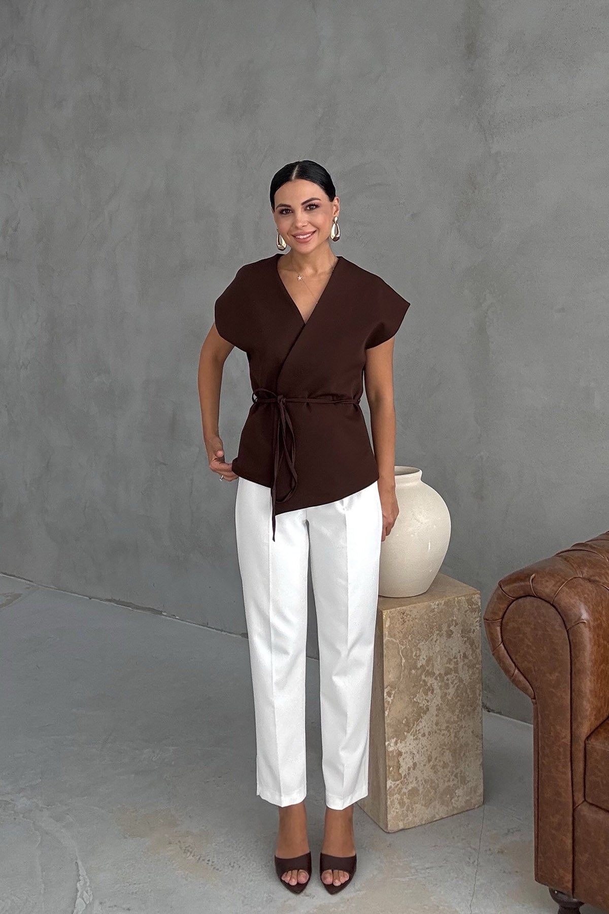 Kahve T kol Bağlamalı Yelek SY-3327-Kahve