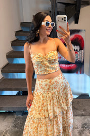 Rosalie Çiçek Desenli İkili Takım - Crop Bluz ve Kat Kat Etek SY-3740-Bej