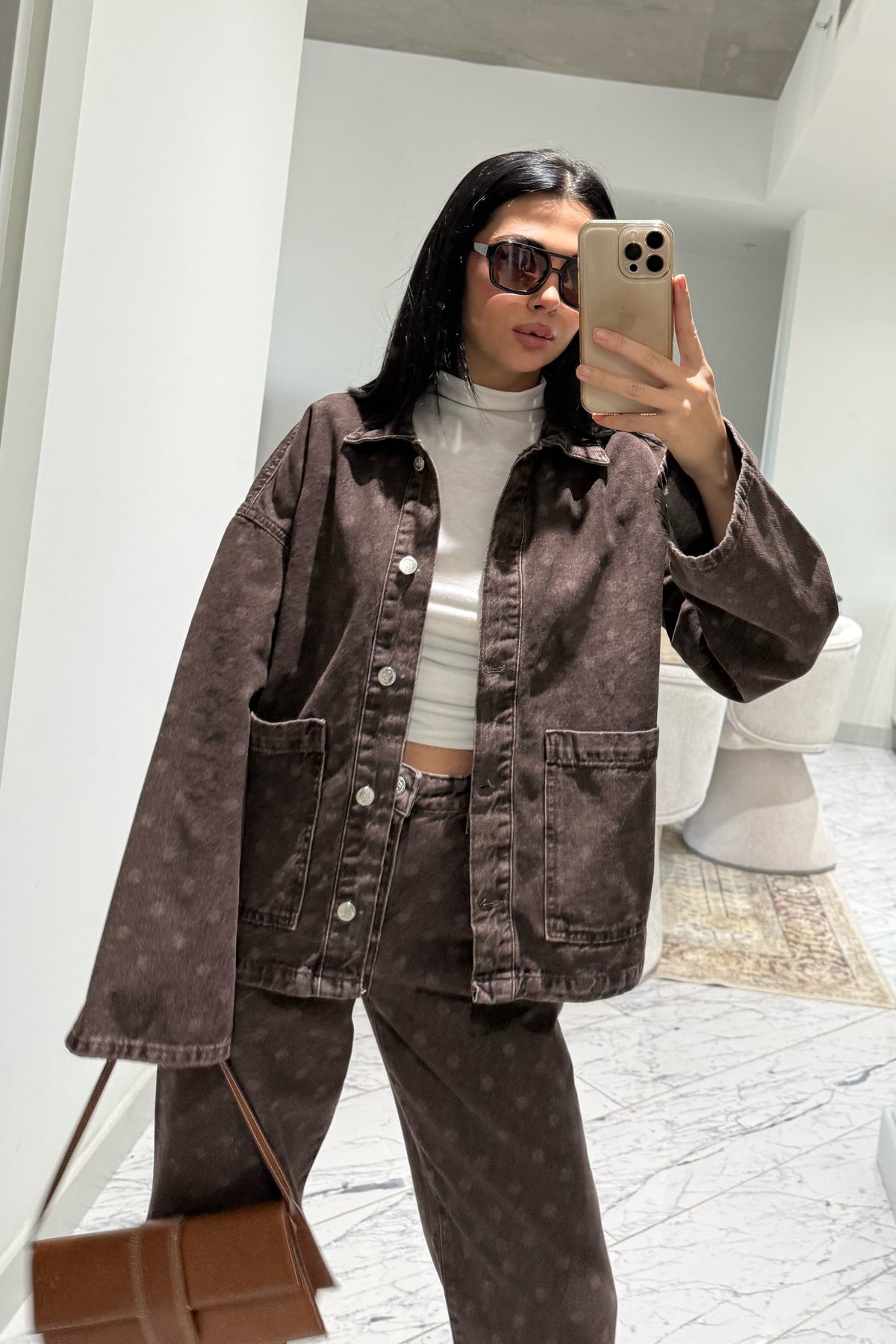 Kahve Puantiyeli Cepli Denim Ceket SY-3501-Puantiyeli