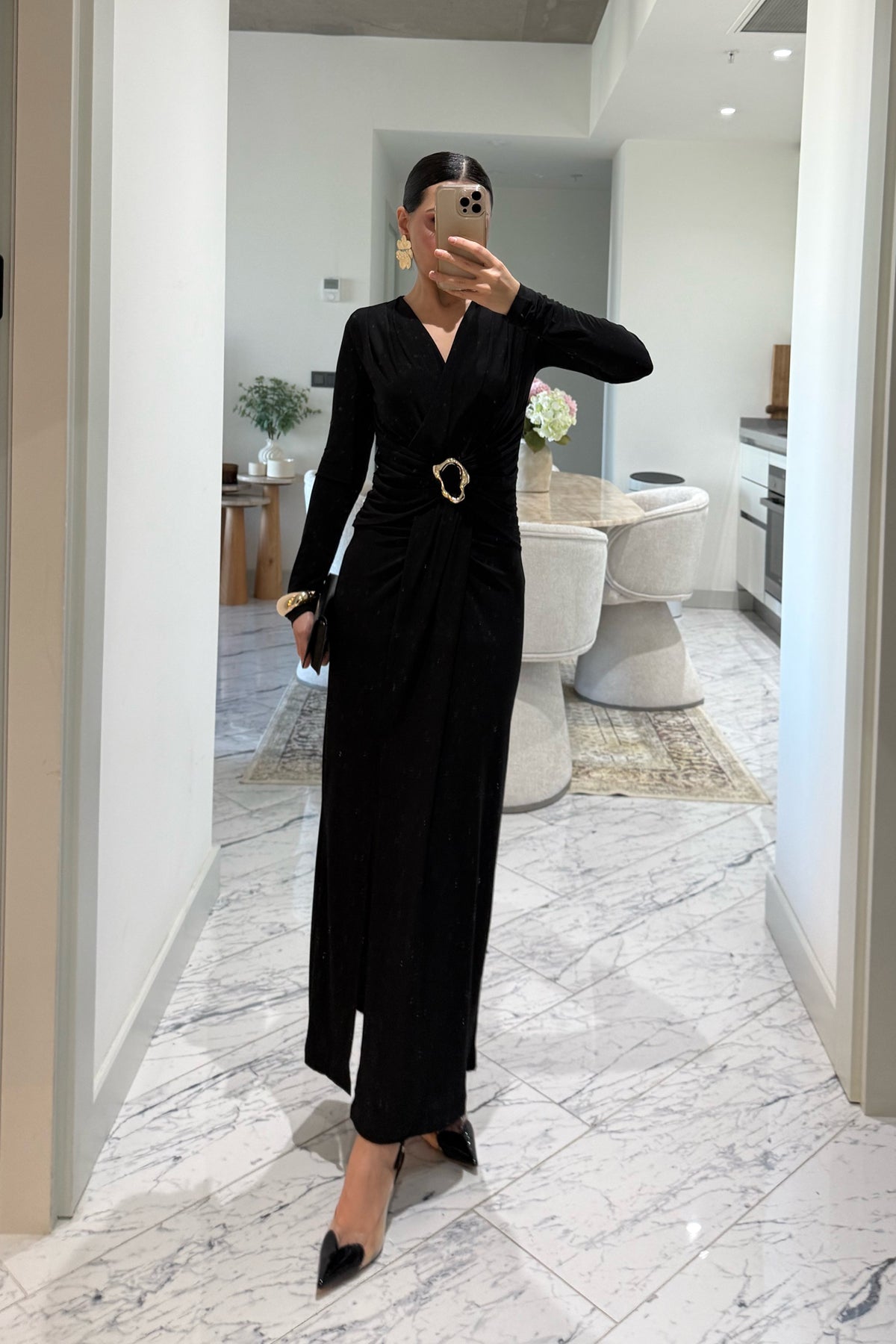 Kruvaze Yaka Uzun Kol Tokalı Siyah Elbise SY-3520-Siyah