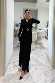 Kruvaze Yaka Uzun Kol Tokalı Siyah Elbise SY-3520-Siyah