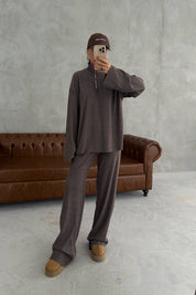 Kahve Fitilli Fermuar Detaylı Alt Üst Takım SY-3451-Kahve