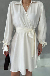 Ekru Kruvaze Kapamalı Kuşaklı Elbise SY-3100-Ekru