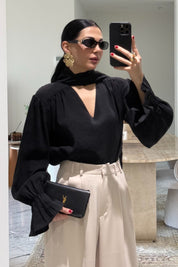 Vatkalı Şal Detaylı Siyah Bluz SY-3658-Siyah