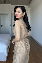 Camel Kare Yaka Düğmeli Yelekli Takım SY-3017-Camel