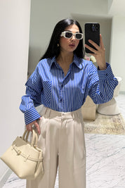 Koyu Mavi Çizgili Kadın Gömlek SYM-3428-Koyu Mavi