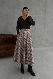 Collectıon Kareli Süet Katlı Etek SY-3410-Bej