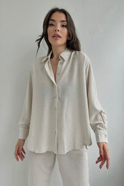 Bej Belden Pens Dikişli Bol Paça Gömlekli Keten Takım SY-0357-Bej