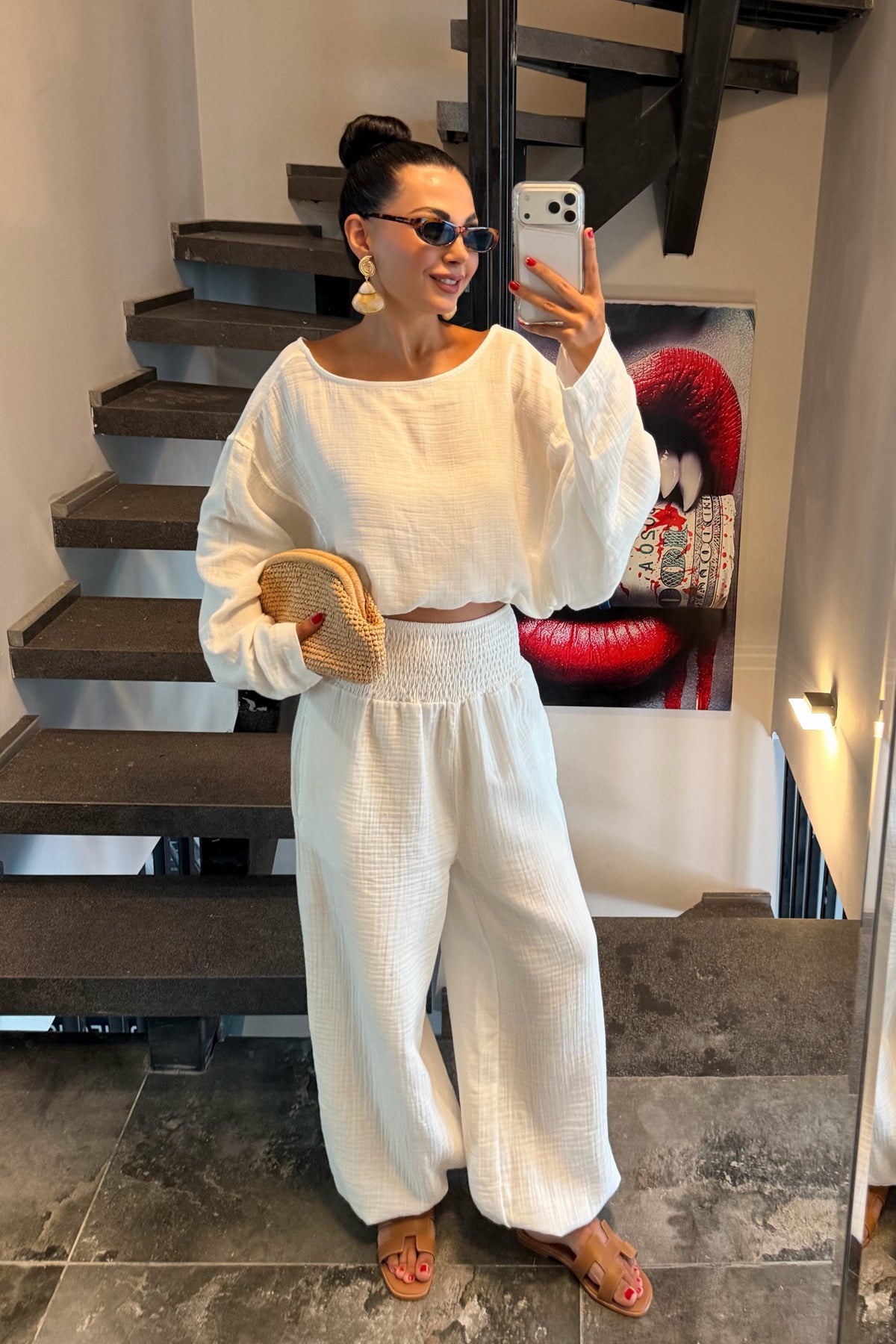 Ekru Gipeli Bel Pantolonlu Müslin Takım SY-3783-Ekru
