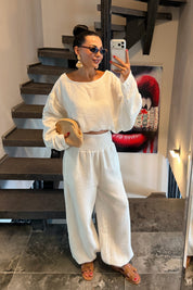 Ekru Gipeli Bel Pantolonlu Müslin Takım SY-3783-Ekru