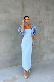 Bebe Mavisi Prenses Kol İnci Detaylı Fermuarlı Elbise SY-2501-Bebe Mavisi