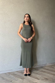 Haki Sıfır Kol Bisiklet Yaka Midi Elbise SY-1726-Haki