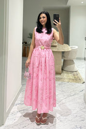 Santorini Çiçek Desenli Midi Elbise-Pembe SY-3661-Pembe
