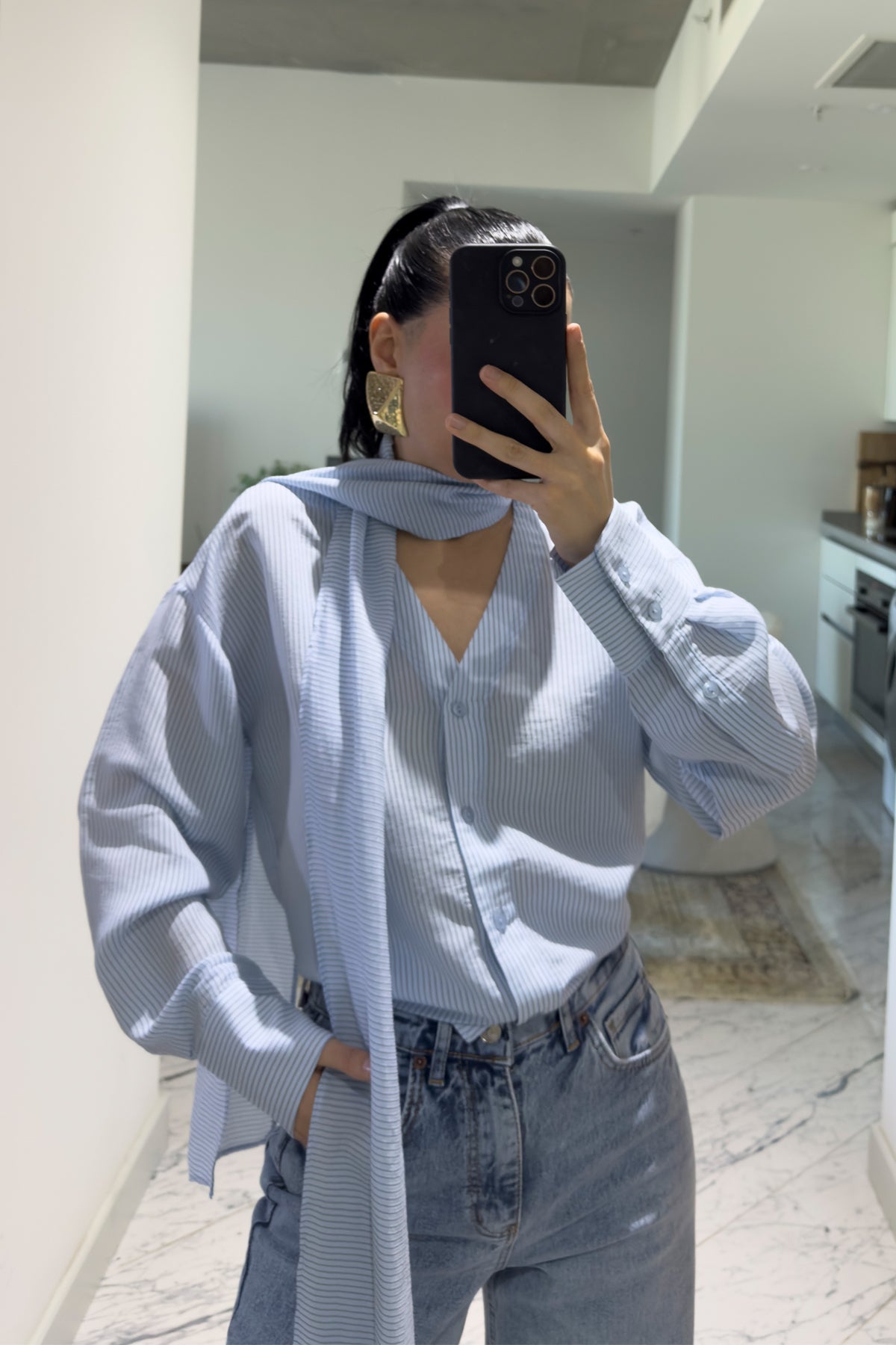 Mavi Şal Detaylı Çizgili Gömlek SY-3622-Mavi