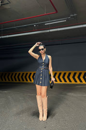 Lacivert Gold Düğmeli Boyundan Bağlamalı Yelek Ve Piliseli Etek Takımı SY-1091-Lacivert