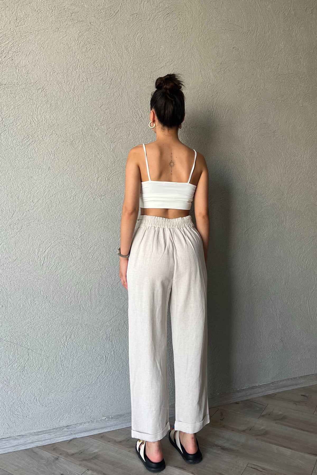 Naturel Bel Detaylı Keten Pantolon SY-2044-Naturel