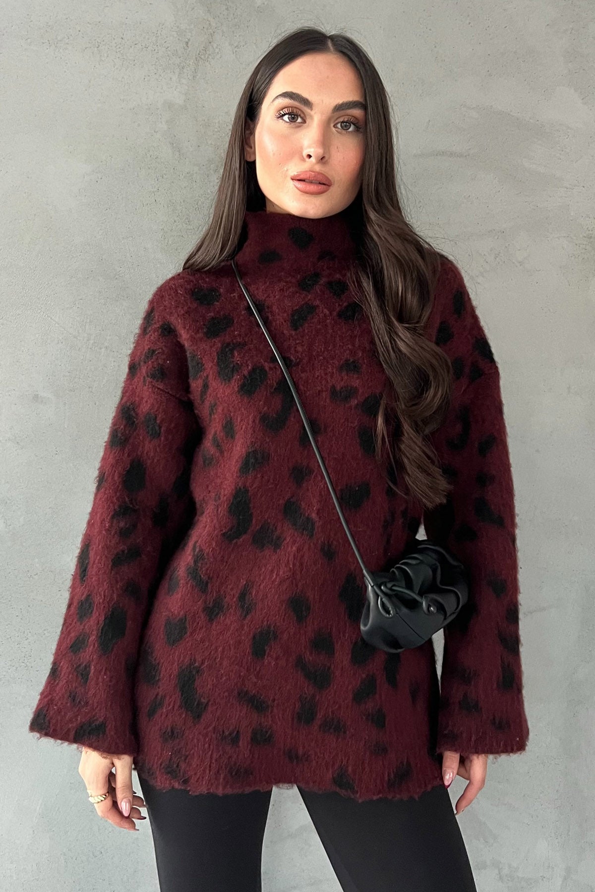 Bordo Leopar Desen Yarım Balıkçı Triko Kazak SY-2652-Bordo