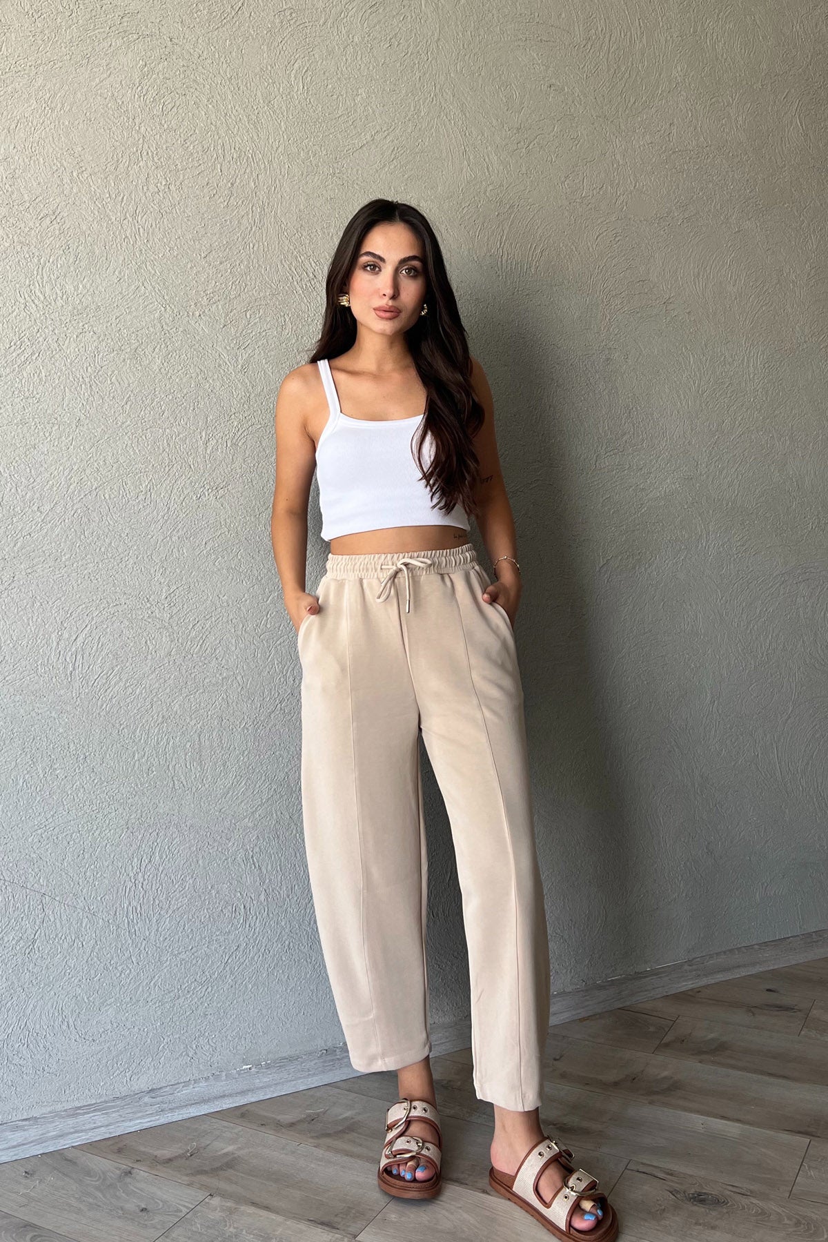 Bej Beli Lastikli Şalvar Pantolon SY-1487-Bej