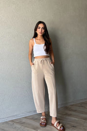 Bej Beli Lastikli Şalvar Pantolon SY-1487-Bej