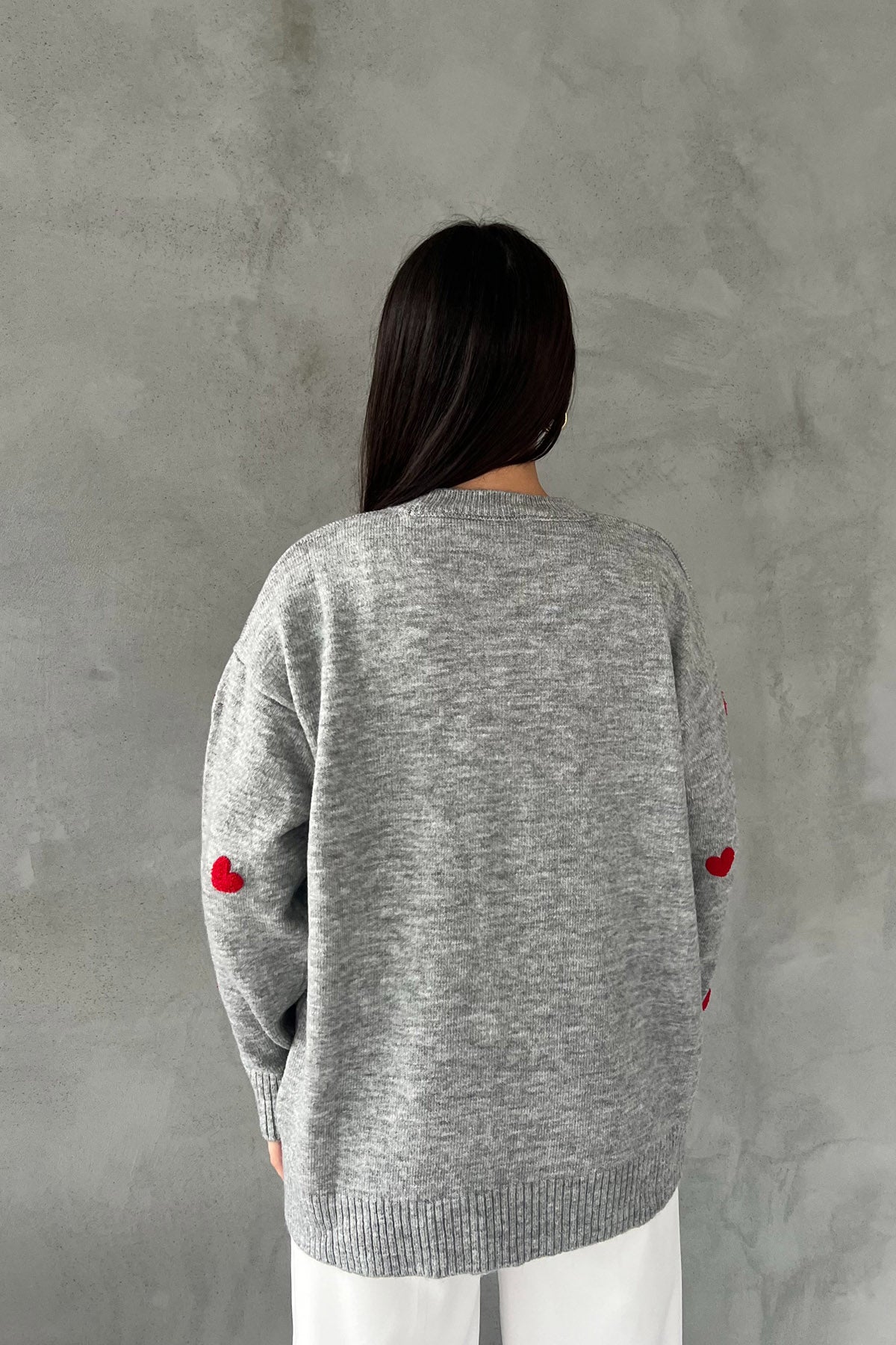 Gri Kalp Nakışlı Triko Kazak SY-2387-Gri