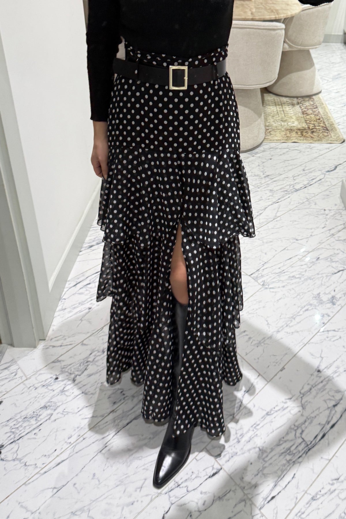 Siyah Puantiyeli Fırfırlı Kat Kat Kemerli ETek SY-3525-Siyah