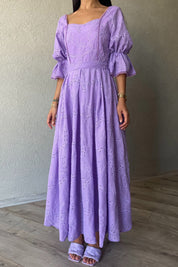 Mor Kolu Lastik Detaylı Güpür Detaylı Brode Elbise SY-2109-Mor