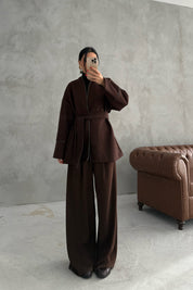 Kahve Deri Biyeli Kemerli Palto Ceket SY-3484-Kahve