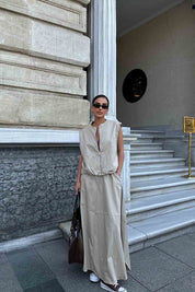 Bej Fermuarlı Sıfır Kol Yelek Etek Rome Takım 1907