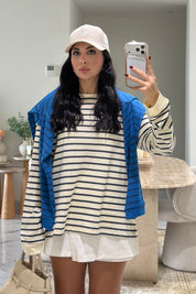 Krem Çizgili Uzun Kollu Oversize Tişört SY-3883-Krem