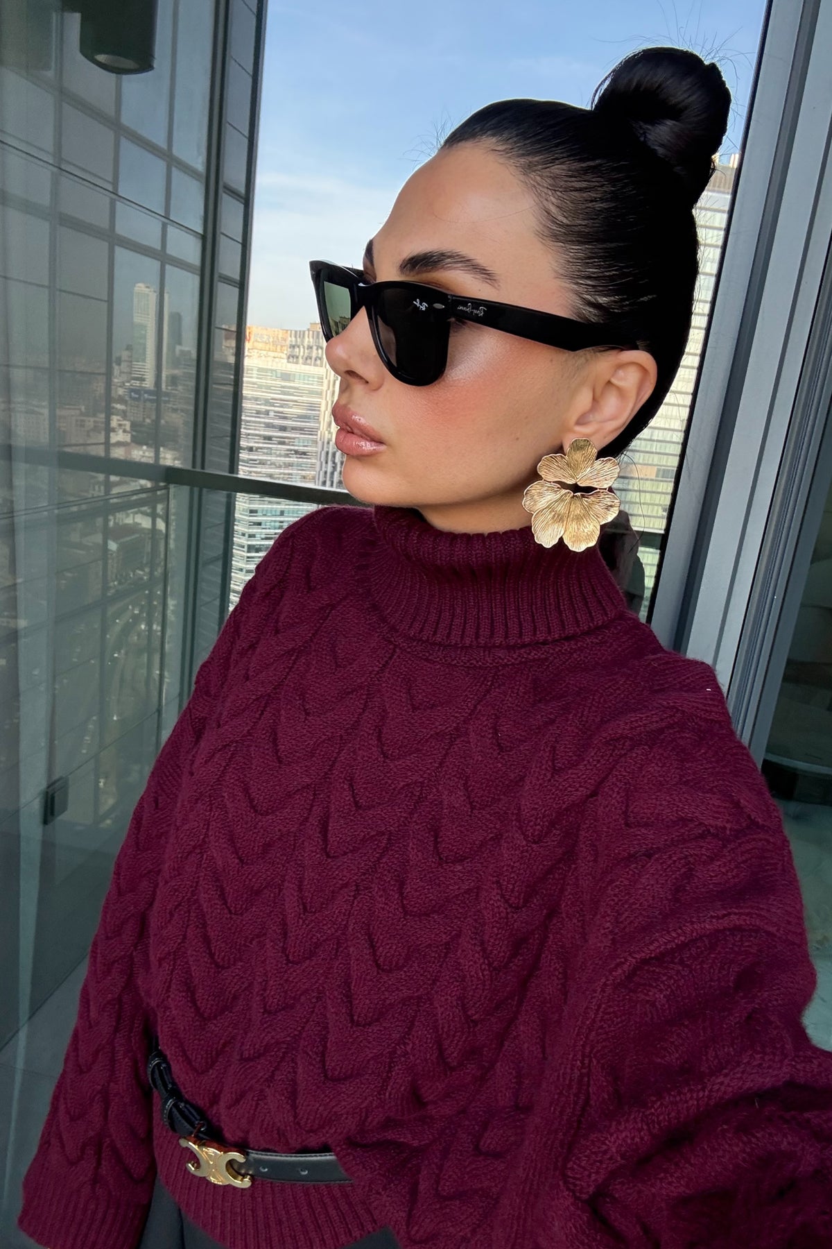 Bordo Saç Örgü Boğazlı Kazak SY-3461-Bordo