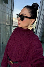 Bordo Saç Örgü Boğazlı Kazak SY-3461-Bordo