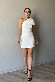 Beyaz Tek Omuz Kısa Elbise SY-2363-Beyaz