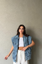 Açık Mavi Vatka Detaylı Önü Fermuarlı Denim Yelek SY-1733-Açık Mavi