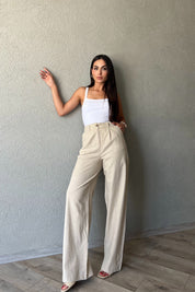 Bej Ham Keten Bol Paça Palazzo Pantolon SY-2238-Bej