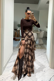 Kahve Ekoseli Fırfırlı Kat Kat Kemerli ETek SY-3525-Kahverengi