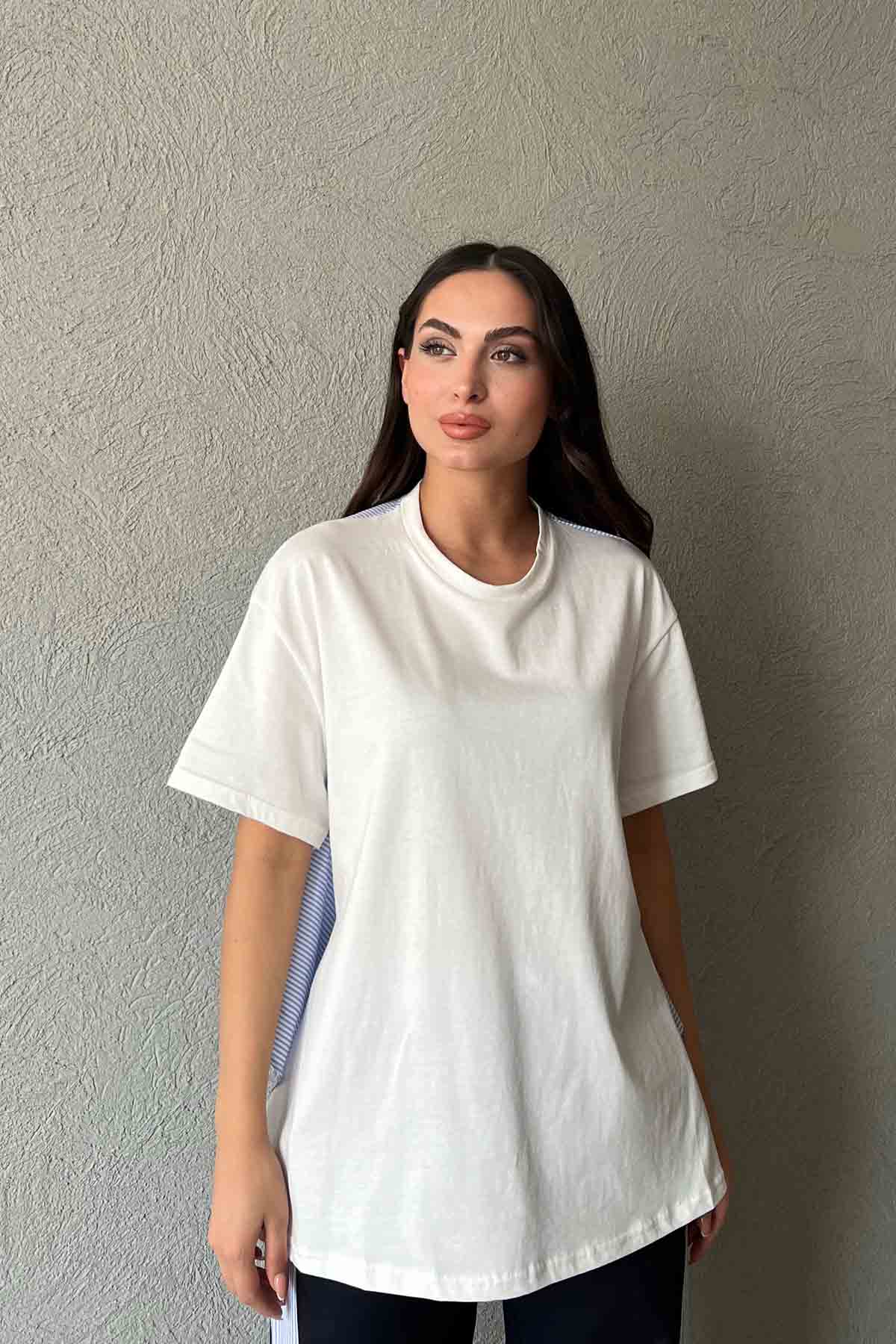 Mavi Çizgili Garnili Poplin Bluz ve Pantolon Takım SY-2016-Mavi