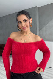 Kırmızı Sakallı Kayık Yaka Triko Kazak SYM-3426-Kırmızı