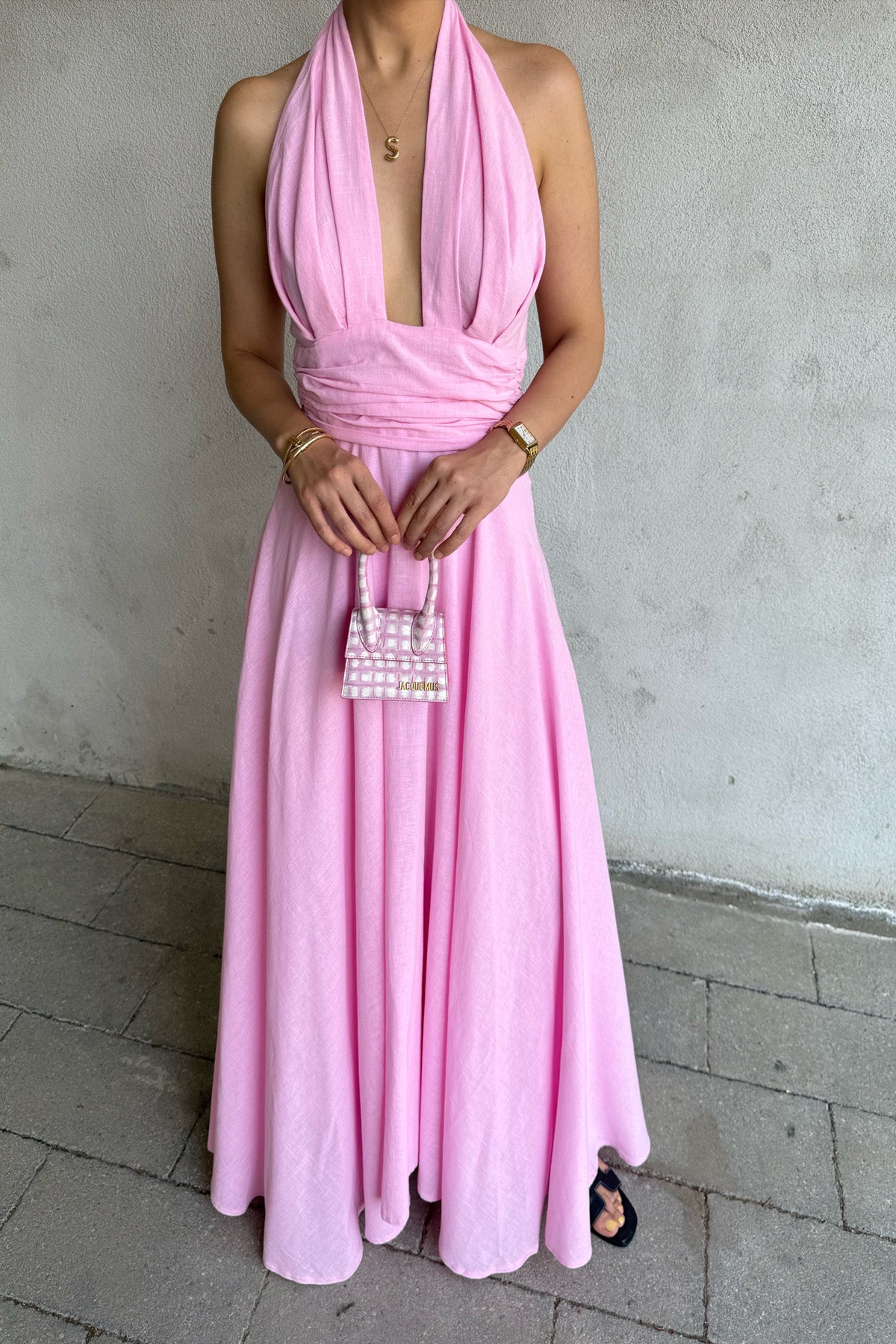 Pembe Puglia Tasarım Sırt Detaylı Keten Elbise SY-2263-Pembe