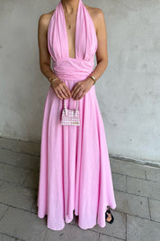 Pembe Puglia Tasarım Sırt Detaylı Keten Elbise SY-2263-Pembe