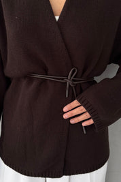 Kahve Deri Kemerli Triko Hırka SY-3405-Kahve