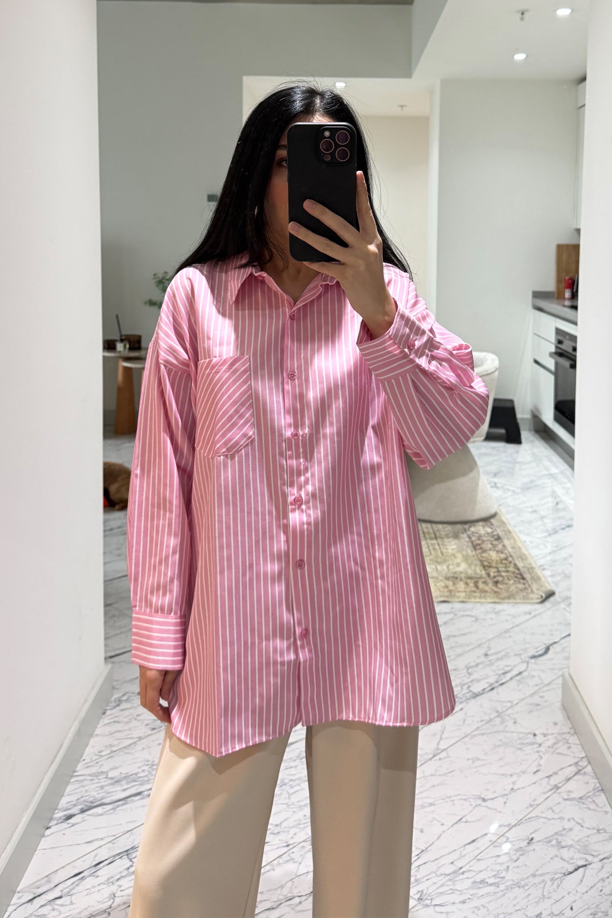 Pembe Çizgili Kadın Gömlek SYM-3428-Pembe