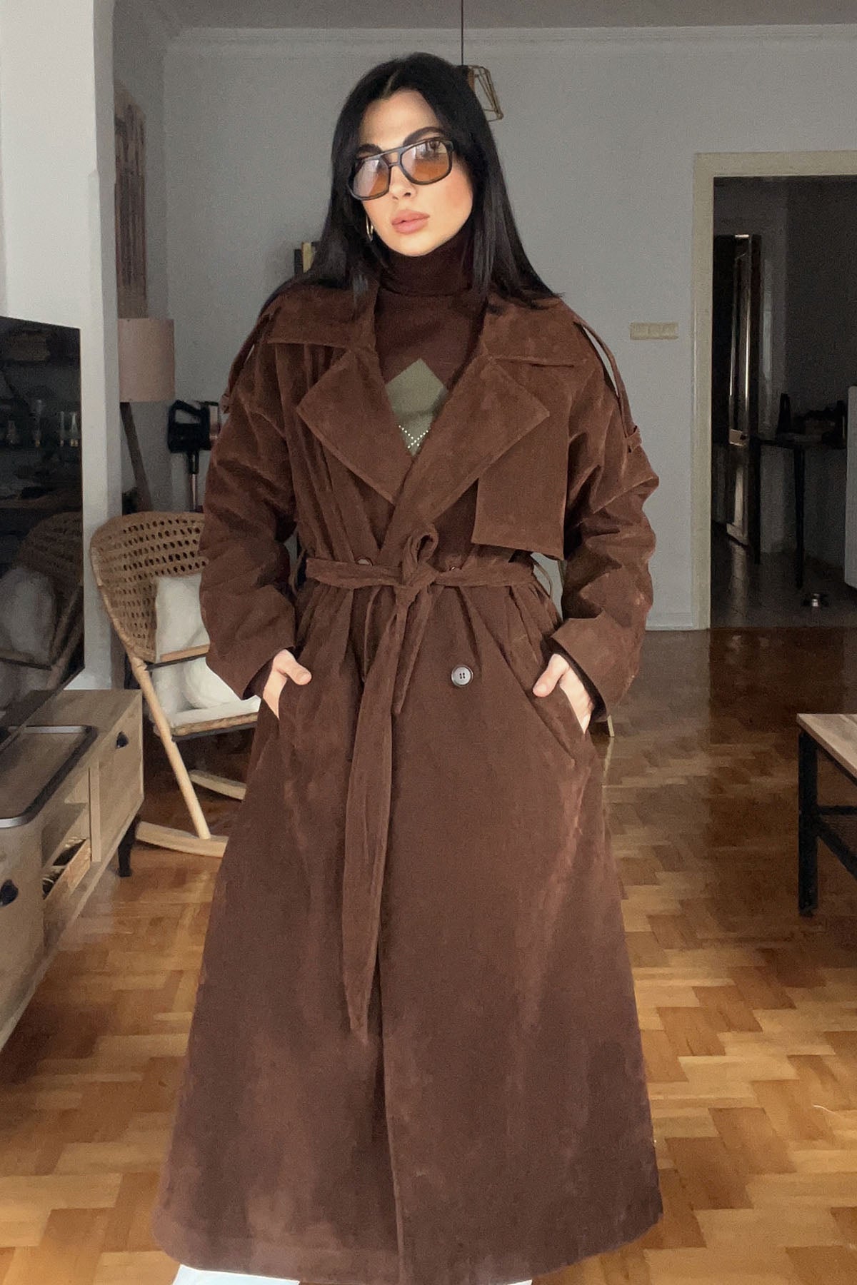 Acı Kahve Ponza Yırtmaç Detay Premium Süet Trençkot SY-2635-Acı Kahve