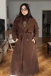 Acı Kahve Ponza Yırtmaç Detay Premium Süet Trençkot SY-2635-Acı Kahve