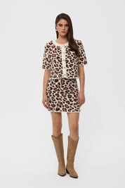 Leopar Desenli Gold Düğme Detaylı Yelek Etek Triko Takım SY-2475-Taş